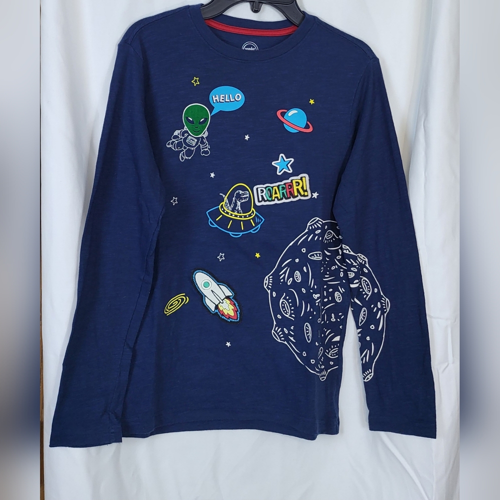 Wonder Nation Boys Navy Blue Long Sleeve‎ Embroidered Outer Space Tee L 10/12